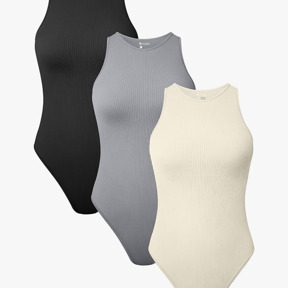 Ribbed Sleeveless Bodysuit - Black, Gray, Cream